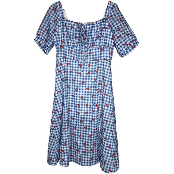 NEW Gingham Plaid Cherry Print Pink Dress Large Twee Kawaii Kidcore Cute Cutey - Picture 2 of 7